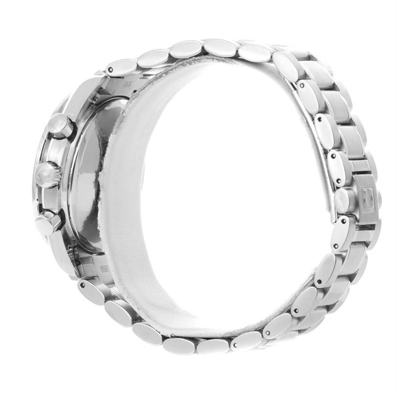 The image shows a side view of an Omega Speedmaster 3513.30.00 Men's Stainless Steel Silver Dial 3513.30.00 Men's Stainless Steel Silver Dial watch, highlighting the bracelet, crown, and pushers.