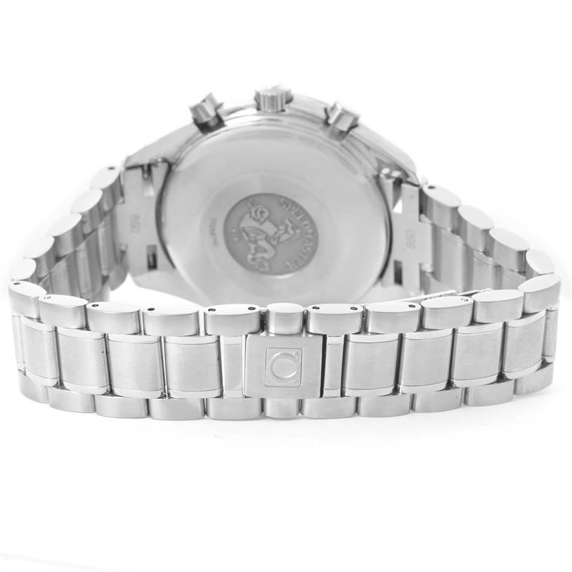 This image shows the back case and stainless steel bracelet of an Omega Speedmaster 3513.30.00 Men's Stainless Steel Silver Dial 3513.30.00 Men's Stainless Steel Silver Dial watch from a rear angle.