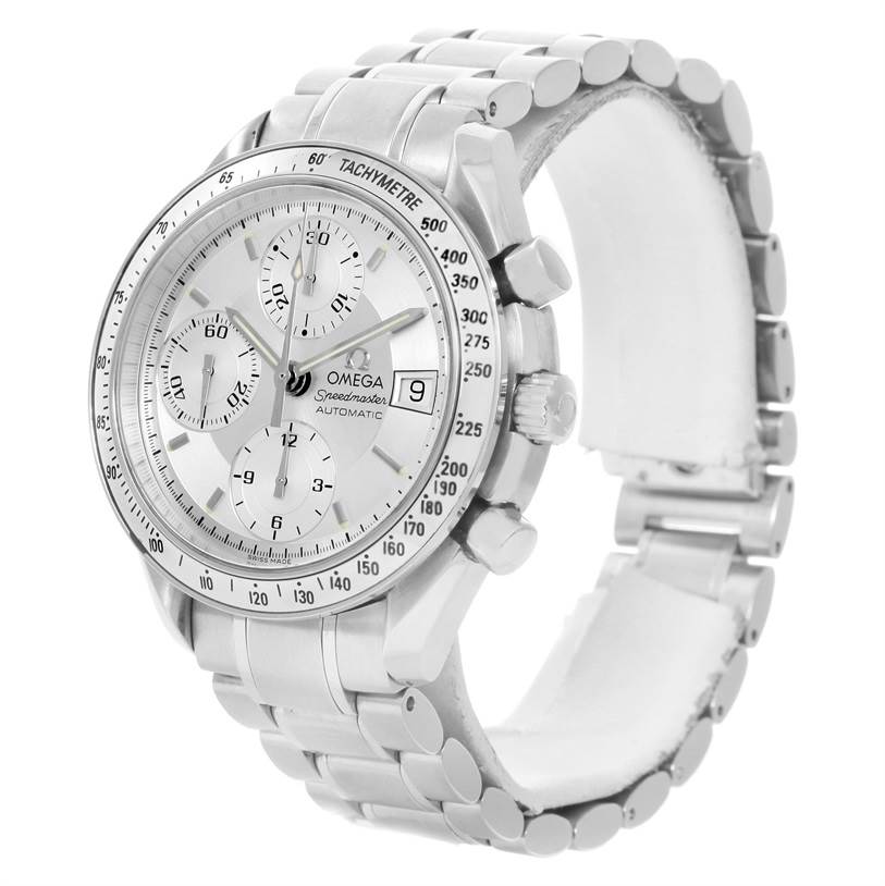 The Omega Speedmaster 3513.30.00 Men's Stainless Steel Silver Dial 3513.30.00 Men's Stainless Steel Silver Dial watch is shown at a three-quarter angle, highlighting its dial, tachymeter bezel, pushers, and bracelet.