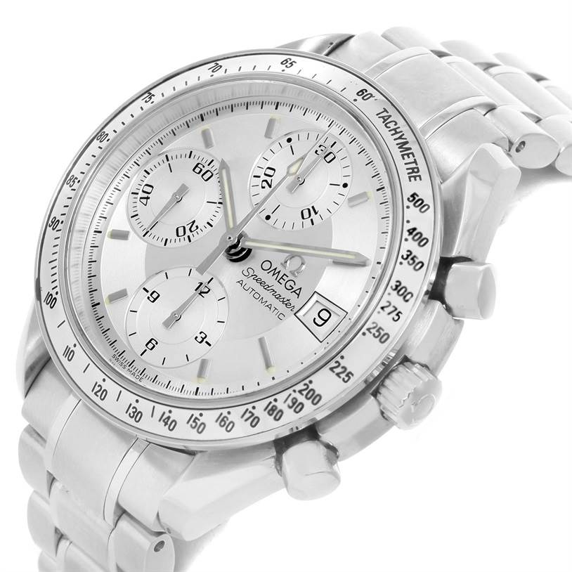 The Omega Speedmaster 3513.30.00 Men's Stainless Steel Silver Dial 3513.30.00 Men's Stainless Steel Silver Dial watch is shown at an angle, highlighting the dial, bezel, crown, and strap.