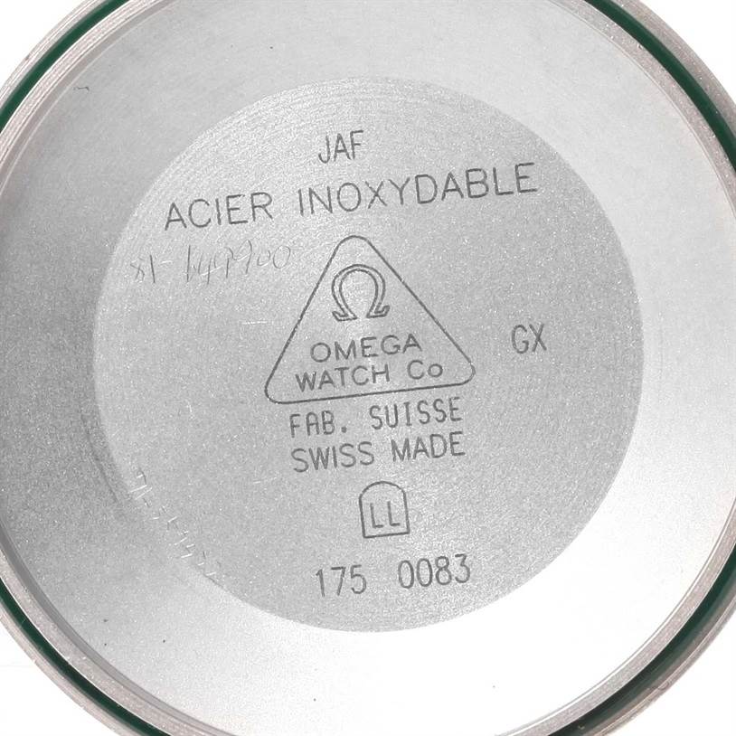 This image shows the inner case back of an Omega Speedmaster 3513.30.00 Men's Stainless Steel Silver Dial 3513.30.00 Men's Stainless Steel Silver Dial watch, displaying markings and text including "ACIER INOXYDABLE".