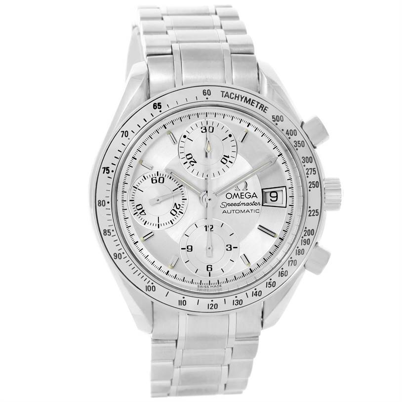 The image shows a frontal view of an Omega Speedmaster 3513.30.00 Men's Stainless Steel Silver Dial 3513.30.00 Men's Stainless Steel Silver Dial watch, displaying the dial, bezel, sub-dials, and bracelet.