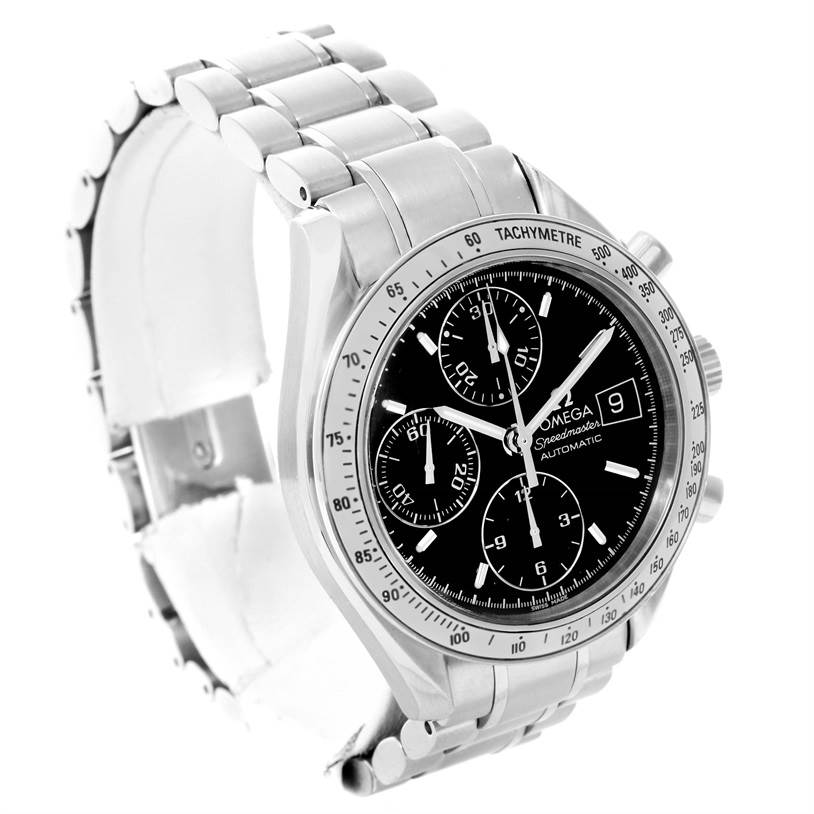 The image shows a 3/4 angle view of an Omega Speedmaster 3513.50.00 Men
s Stainless Steel Black Dial 3513.50.00 Men
s Stainless Steel Black Dial watch, highlighting its dial, bezel, chronograph subdials, and metal bracelet.