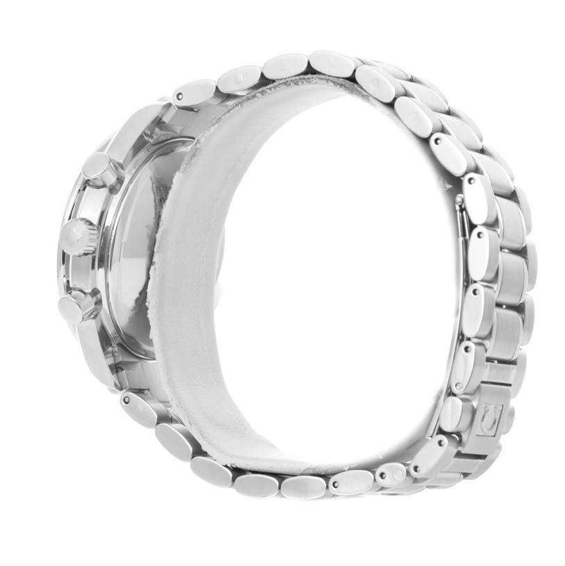 This Omega Speedmaster 3513.50.00 Men
s Stainless Steel Black Dial 3513.50.00 Men
s Stainless Steel Black Dial watch is shown from a side-angle, highlighting the crown, pushers, and metal bracelet.