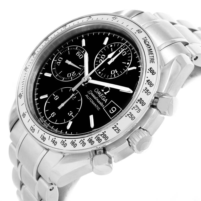 The Omega Speedmaster 3513.50.00 Men
s Stainless Steel Black Dial 3513.50.00 Men
s Stainless Steel Black Dial watch is shown from a slight angle, highlighting its black dial, tachymeter bezel, pushers, and stainless steel bracelet.