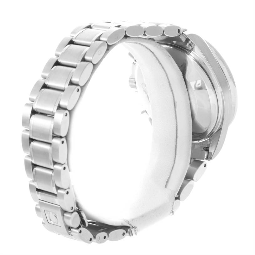 The image shows the Omega Speedmaster 3513.50.00 Men
s Stainless Steel Black Dial 3513.50.00 Men
s Stainless Steel Black Dial watch from a side angle, highlighting its stainless steel bracelet and the watch case
s side profile.