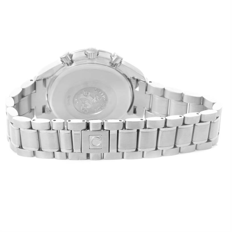 The image shows the back and side of an Omega Speedmaster 3513.50.00 Men
s Stainless Steel Black Dial 3513.50.00 Men
s Stainless Steel Black Dial watch, highlighting its stainless steel bracelet and clasp.