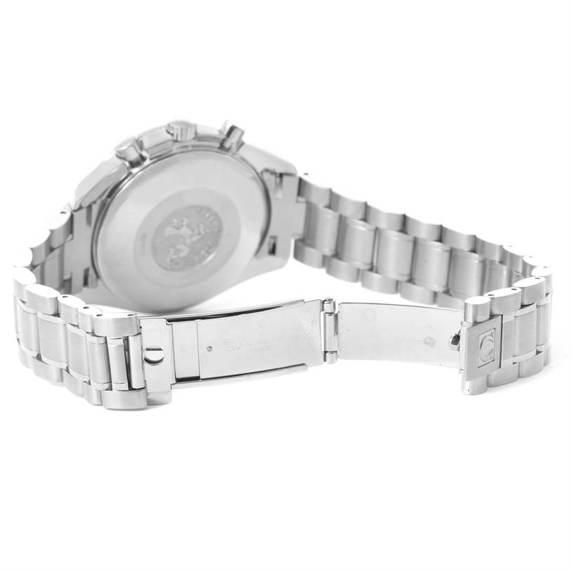 This image shows the back and partially opened bracelet clasp of an Omega Speedmaster 3513.50.00 Men
s Stainless Steel Black Dial 3513.50.00 Men
s Stainless Steel Black Dial watch.