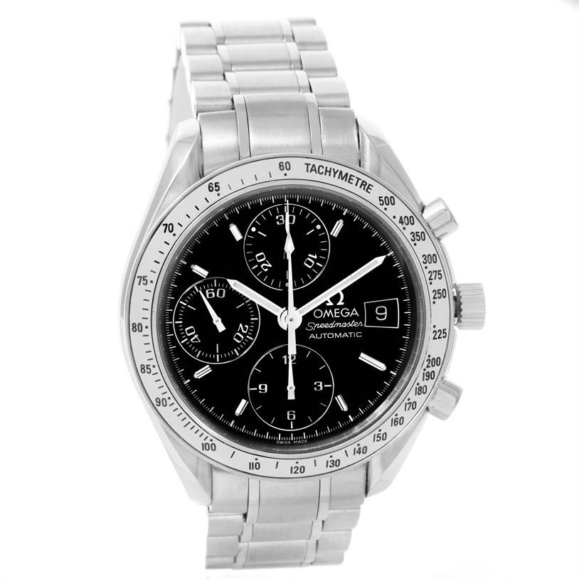 The Omega Speedmaster 3513.50.00 Men
s Stainless Steel Black Dial 3513.50.00 Men
s Stainless Steel Black Dial watch is shown from a front angle, displaying its face, pushers, crown, dial, and stainless steel bracelet.