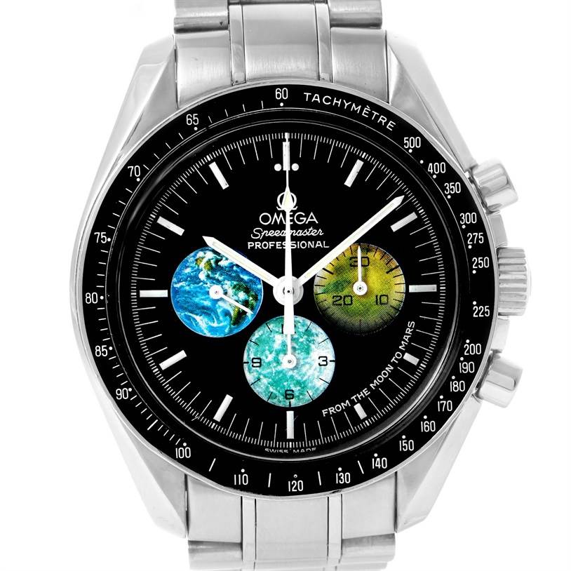 This image shows a frontal view of the Omega Speedmaster 3577.50.00 Men's Stainless Steel Black Dial 3577.50.00 Men's Stainless Steel Black Dial watch, highlighting its dial, bezel, and stainless steel bracelet.