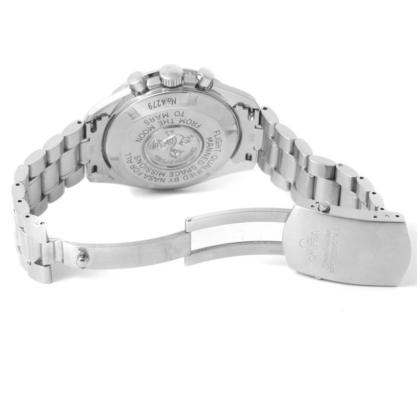 The image shows the back case and open clasp of an Omega Speedmaster 3577.50.00 Men's Stainless Steel Black Dial 3577.50.00 Men's Stainless Steel Black Dial watch from a rear angle.