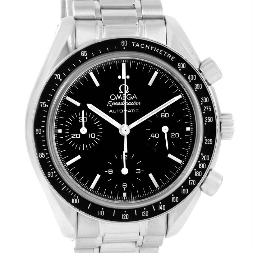 This image shows a front view of an Omega Speedmaster 3539.50.00 Men
s Stainless Steel Black Dial 3539.50.00 Men
s Stainless Steel Black Dial watch, featuring its black dial, tachymeter bezel, and metal bracelet.
