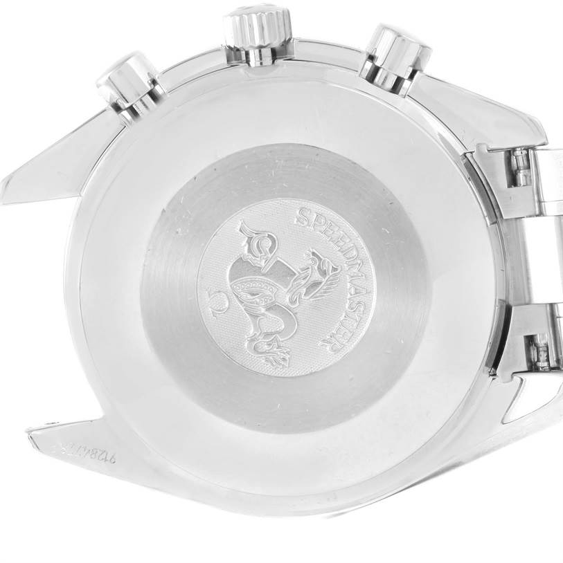 This image shows the back case and crown of an Omega Speedmaster 3539.50.00 Men
s Stainless Steel Black Dial 3539.50.00 Men
s Stainless Steel Black Dial watch.