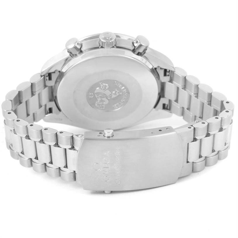 The image shows a rear view of an Omega Speedmaster 3539.50.00 Men
s Stainless Steel Black Dial 3539.50.00 Men
s Stainless Steel Black Dial watch, focusing on the case back and stainless steel bracelet clasp.