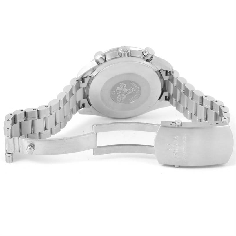 The image shows the back case, bracelet, and clasp of an Omega Speedmaster 3539.50.00 Men
s Stainless Steel Black Dial 3539.50.00 Men
s Stainless Steel Black Dial model watch, viewed from the rear.