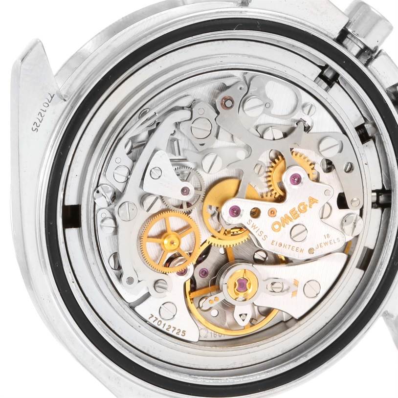 This image shows the intricate inner mechanism of the Omega Speedmaster 3560.50.00 Men
s Stainless Steel Black Dial 3560.50.00 Men
s Stainless Steel Black Dial watch, including gears, jewels, and the Omega branding.