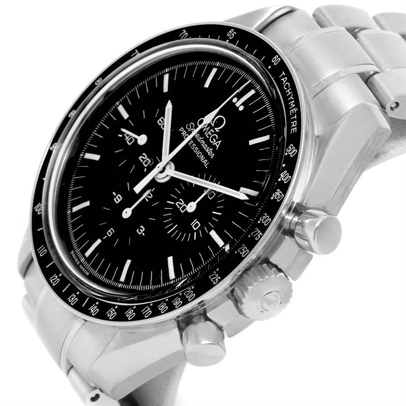This Omega Speedmaster 3560.50.00 Men
s Stainless Steel Black Dial 3560.50.00 Men
s Stainless Steel Black Dial watch is shown at a 3/4 angle, highlighting the dial, crown, pushers, and part of the bracelet.