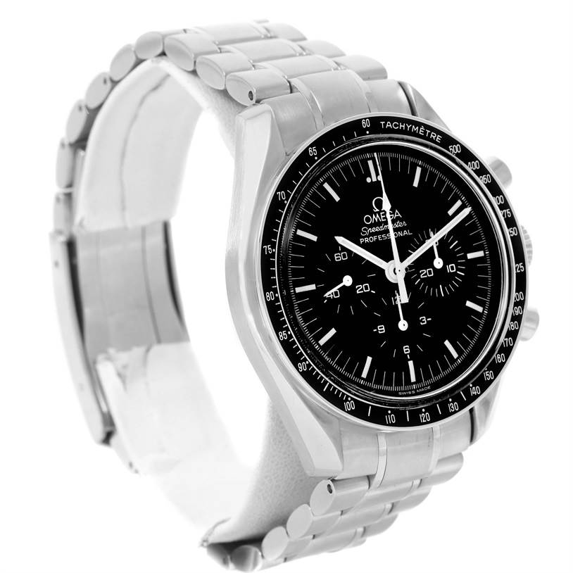 The image shows a front and side view of the Omega Speedmaster 3560.50.00 Men
s Stainless Steel Black Dial 3560.50.00 Men
s Stainless Steel Black Dial watch, highlighting its face, bezel, and metal bracelet.