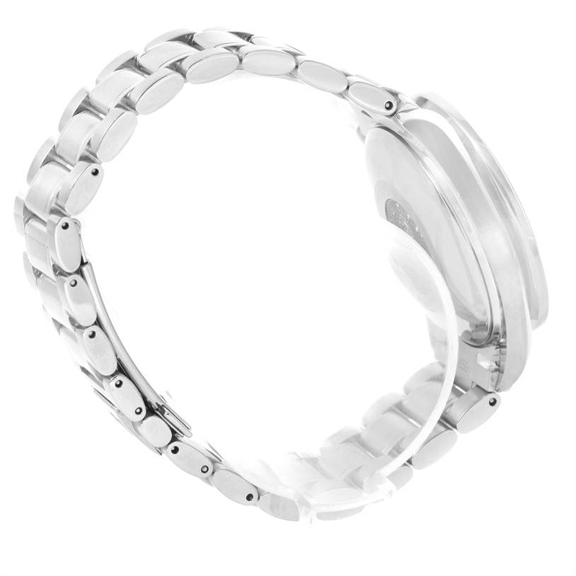 The Omega Speedmaster 3513.30.00 Men
s Stainless Steel Silver Dial 3513.30.00 Men
s Stainless Steel Silver Dial watch is shown from a side angle, highlighting its metallic bracelet and case back.