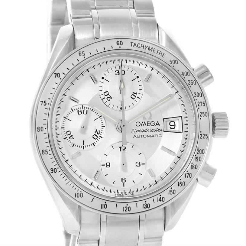 The watch shown is an Omega Speedmaster 3513.30.00 Men
s Stainless Steel Silver Dial 3513.30.00 Men
s Stainless Steel Silver Dial model, viewed from the front, displaying the dial, subdials, and tachymeter scale.