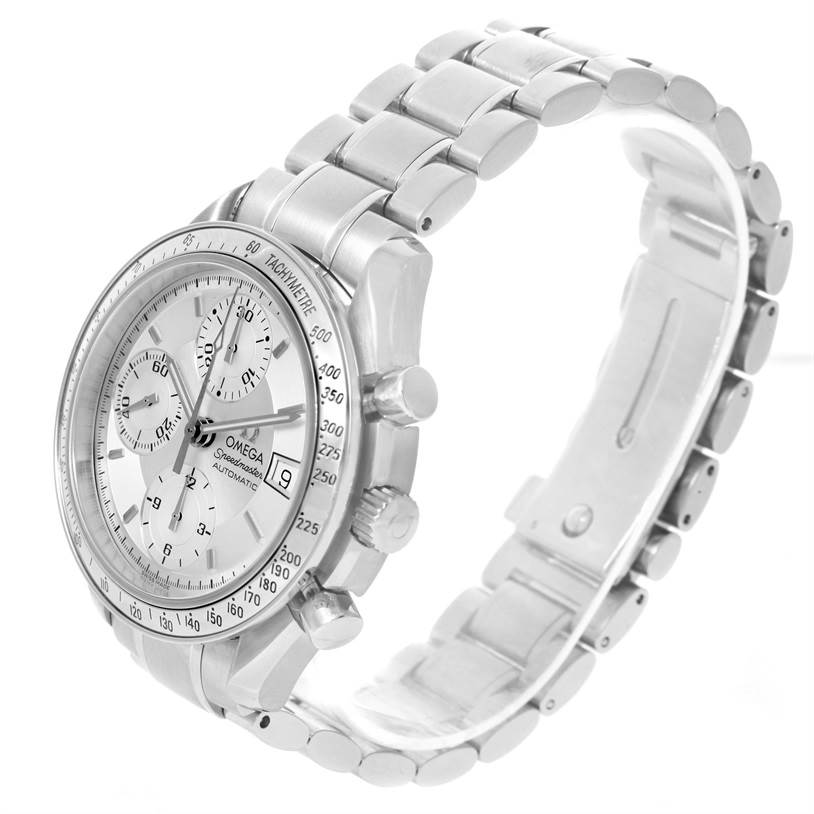 This Omega Speedmaster 3513.30.00 Men
s Stainless Steel Silver Dial 3513.30.00 Men
s Stainless Steel Silver Dial watch image shows a side angle featuring the dial, tachymeter bezel, and the bracelet.