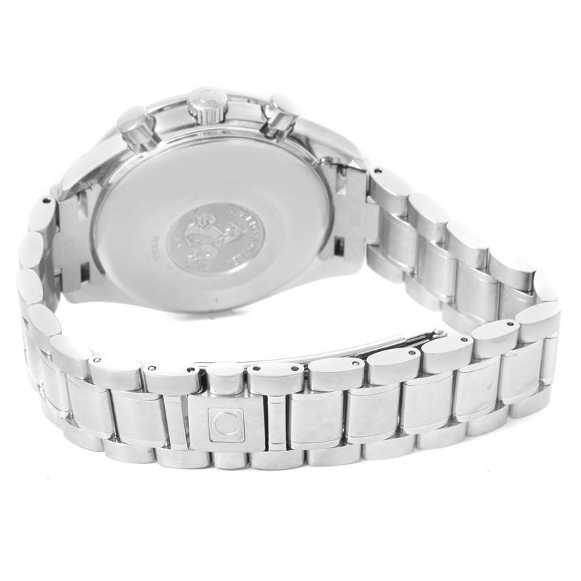 The image shows the back case and metal bracelet of an Omega Speedmaster 3513.30.00 Men
s Stainless Steel Silver Dial 3513.30.00 Men
s Stainless Steel Silver Dial watch from an angle focused on the clasp and caseback.