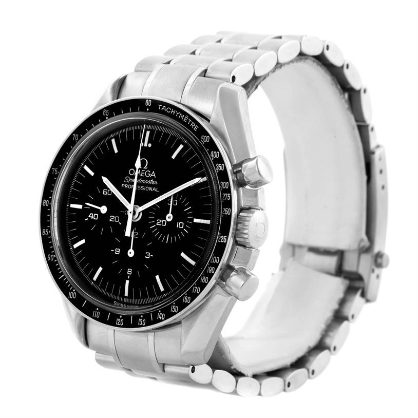 This Omega Speedmaster 3570.50.00 Men
s Stainless Steel Black Dial 3570.50.00 Men
s Stainless Steel Black Dial watch is shown at a three-quarter angle, displaying the face, side buttons, and metal bracelet.