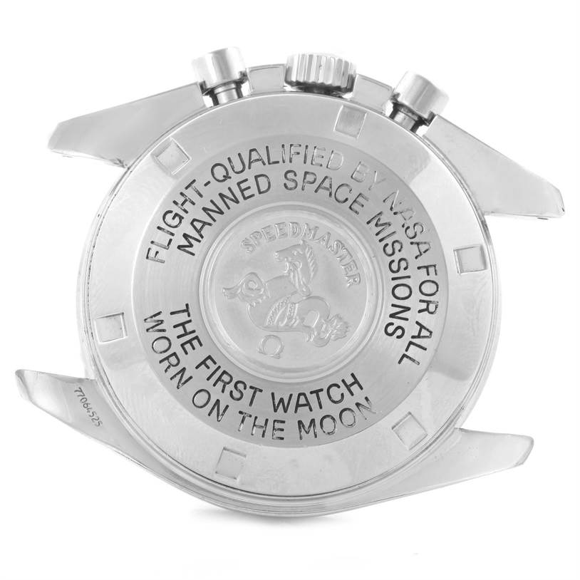 The image shows the case back of the Omega Speedmaster 3570.50.00 Men
s Stainless Steel Black Dial 3570.50.00 Men
s Stainless Steel Black Dial, highlighting text engraving and the crown and pushers from a side angle.