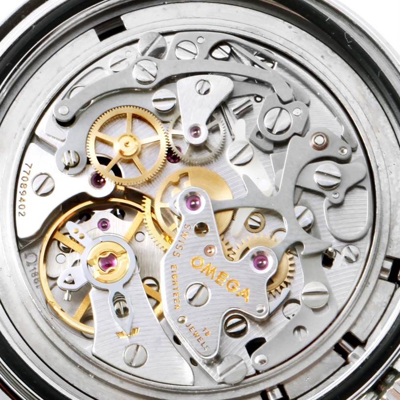 This image shows an up-close view of the movement mechanism inside an Omega Speedmaster 3570.50.00 Men
s Stainless Steel Black Dial 3570.50.00 Men
s Stainless Steel Black Dial watch.