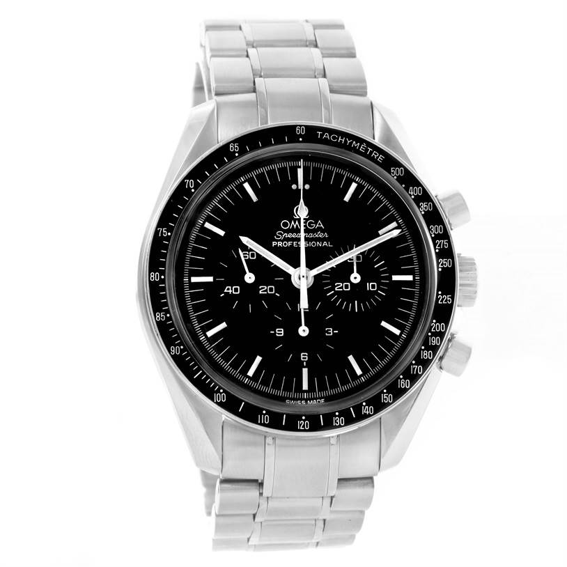 The image shows a frontal view of the Omega Speedmaster 3570.50.00 Men
s Stainless Steel Black Dial 3570.50.00 Men
s Stainless Steel Black Dial watch, highlighting its dial, tachymeter bezel, and stainless steel bracelet.