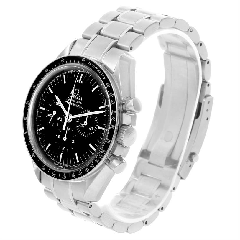 The Omega Speedmaster 3570.50.00 Men
s Stainless Steel Black Dial 3570.50.00 Men
s Stainless Steel Black Dial watch is shown at a slight angle, featuring its face, side buttons, and metal bracelet.