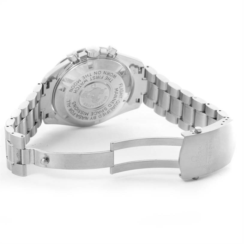 The image shows the back case and partially opened clasp of the Omega Speedmaster 3570.50.00 Men
s Stainless Steel Black Dial 3570.50.00 Men
s Stainless Steel Black Dial watch.