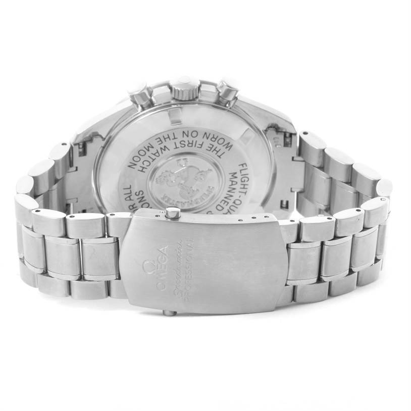 This image shows the back case and bracelet clasp of an Omega Speedmaster 3570.50.00 Men
s Stainless Steel Black Dial 3570.50.00 Men
s Stainless Steel Black Dial watch.