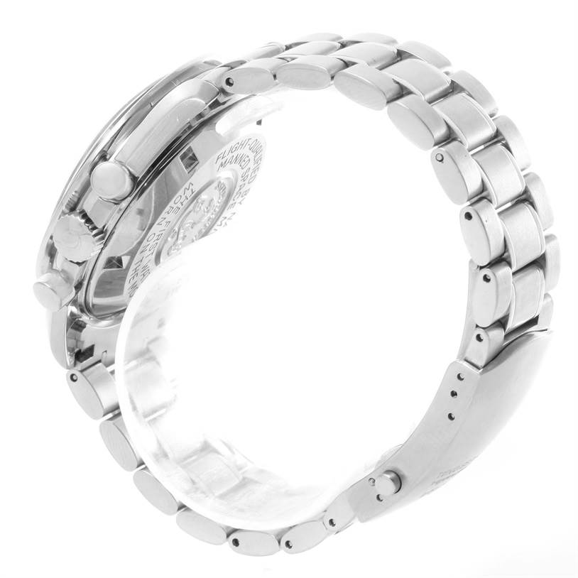 The Omega Speedmaster 3570.50.00 Men
s Stainless Steel Black Dial 3570.50.00 Men
s Stainless Steel Black Dial watch is shown from the side, highlighting its stainless steel bracelet and the back of the case.