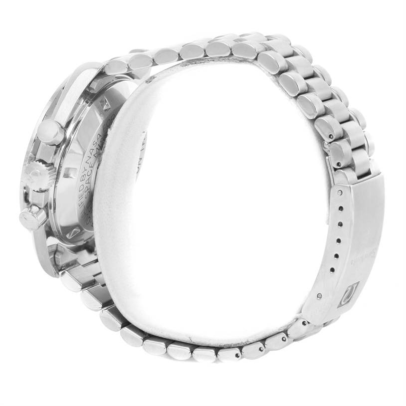 The image shows a side angle of the Omega Speedmaster Men
s Stainless Steel Black Dial Men
s Stainless Steel Black Dial watch, highlighting its clasp, bracelet links, and side buttons.