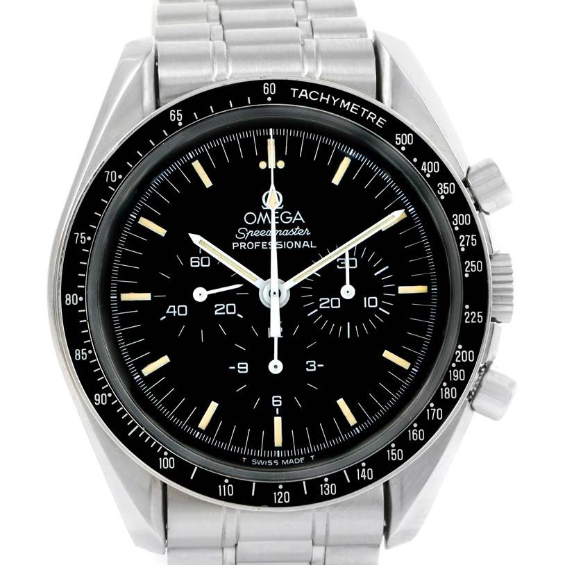 The Omega Speedmaster Men
s Stainless Steel Black Dial Men
s Stainless Steel Black Dial Professional watch is shown from the front, displaying its black dial, chronograph subdials, and stainless steel bracelet.