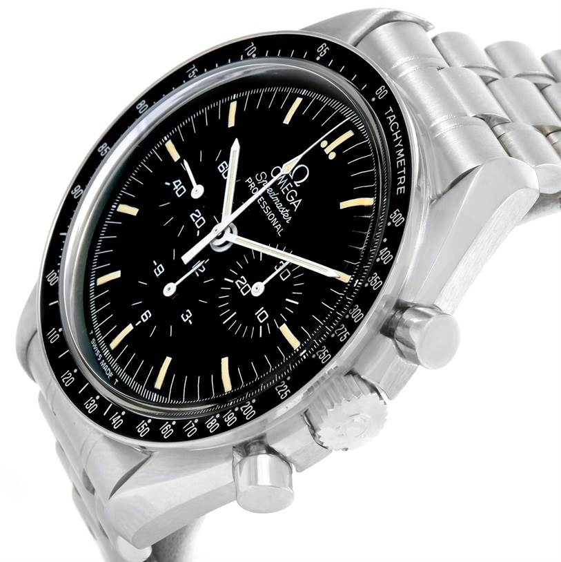 The Omega Speedmaster Men
s Stainless Steel Black Dial Men
s Stainless Steel Black Dial watch is shown from a front angle displaying its dial, bezel, pushers, and part of the metal bracelet.