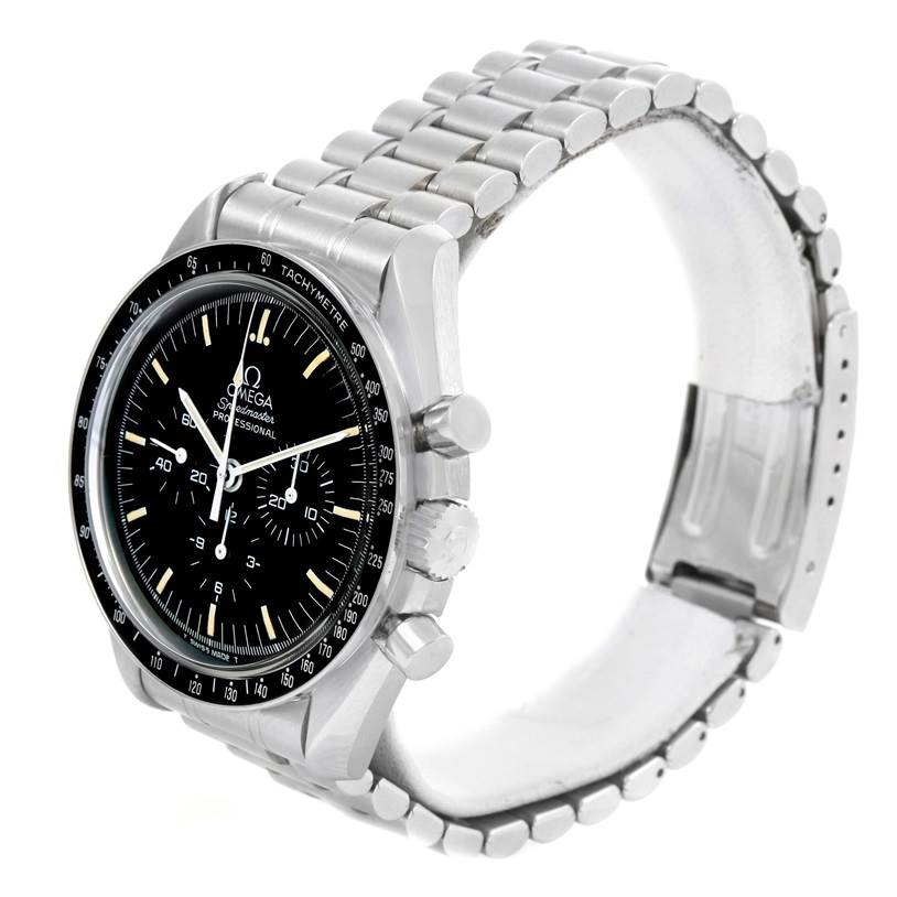 The Omega Speedmaster Men
s Stainless Steel Black Dial Men
s Stainless Steel Black Dial watch is shown from a front-left angle, displaying the face, bezel, crown, chronograph pushers, and metal bracelet.