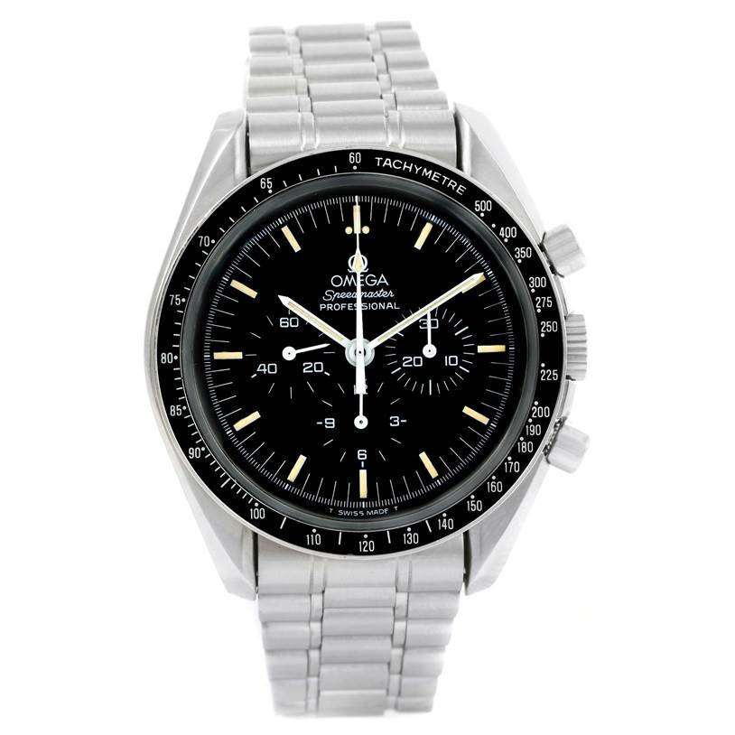The image shows a front view of the Omega Speedmaster Men
s Stainless Steel Black Dial Men
s Stainless Steel Black Dial Professional, highlighting its dial, bezel, and stainless steel bracelet.