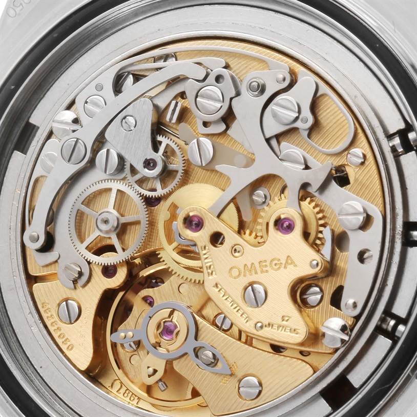 This image depicts the intricate inner mechanics of an Omega Speedmaster Men
s Stainless Steel Black Dial Men
s Stainless Steel Black Dial watch viewed from the back.