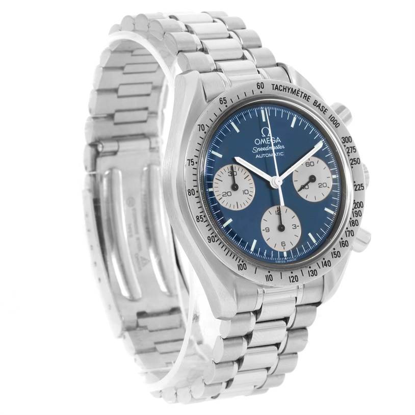 The image shows an Omega Speedmaster 3510.82.00 Men
s Stainless Steel Blue Dial 3510.82.00 Men
s Stainless Steel Blue Dial watch at a three-quarter angle, displaying the face, bezel, and bracelet.