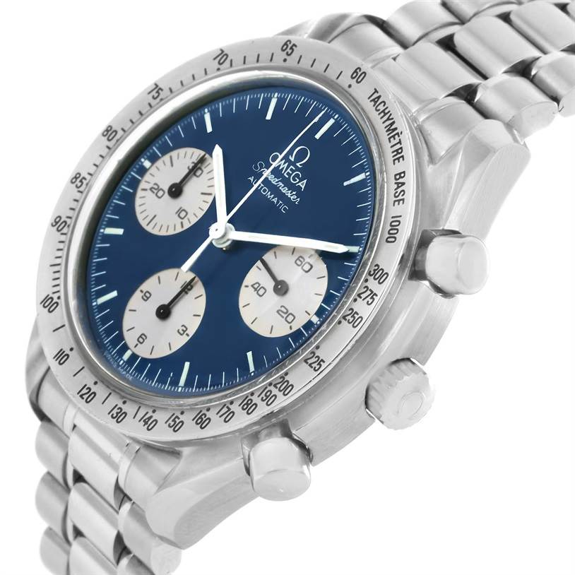 The Omega Speedmaster 3510.82.00 Men
s Stainless Steel Blue Dial 3510.82.00 Men
s Stainless Steel Blue Dial watch is shown at an angle highlighting the face, subdials, bezel, crown, and pushers.