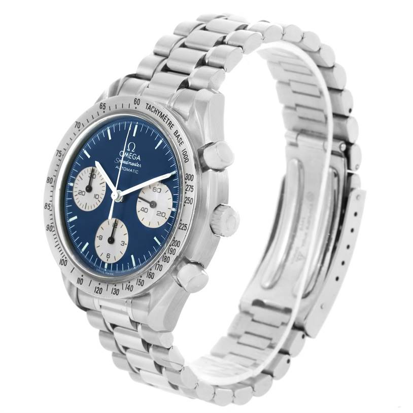 The image shows an Omega Speedmaster 3510.82.00 Men
s Stainless Steel Blue Dial 3510.82.00 Men
s Stainless Steel Blue Dial watch at a three-quarter angle, highlighting the face, bezel, crown, pushers, and bracelet.