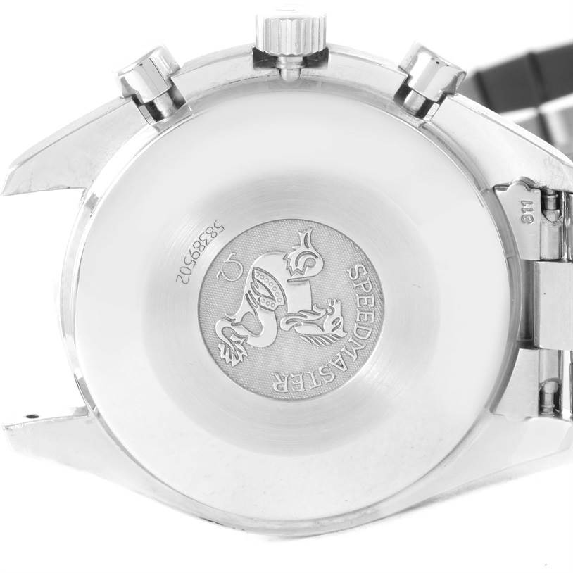 This image shows the case back of an Omega Speedmaster 3510.82.00 Men
s Stainless Steel Blue Dial 3510.82.00 Men
s Stainless Steel Blue Dial watch, highlighting the engraved logo and model details.