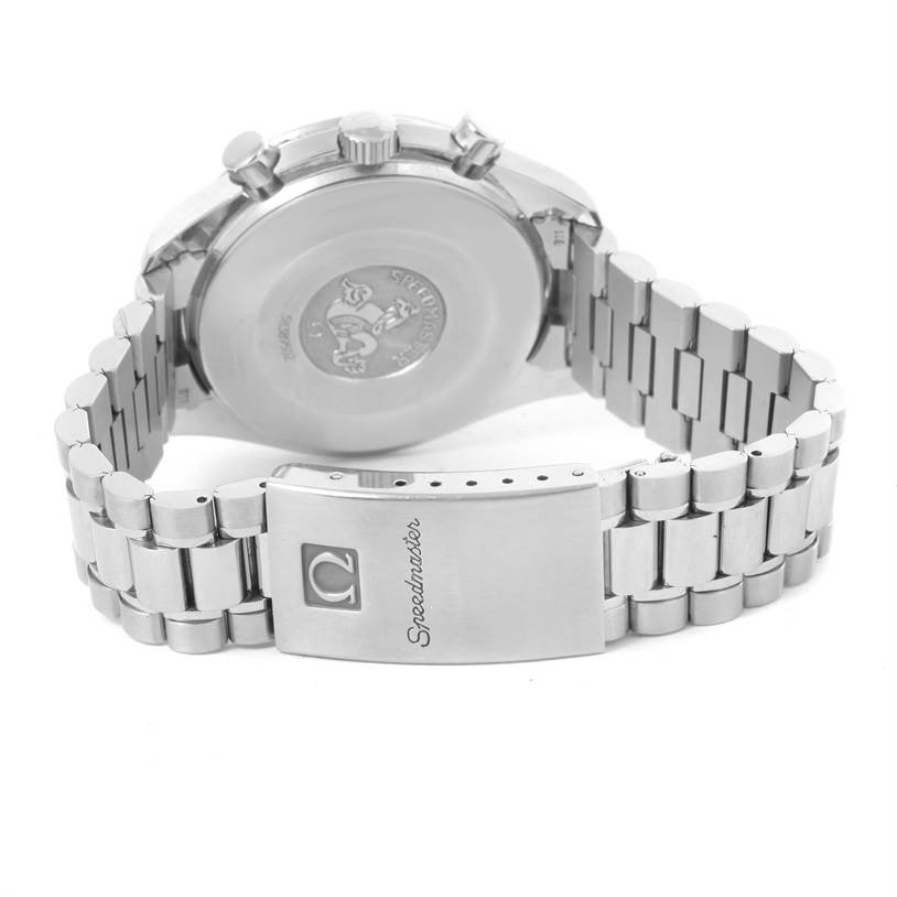 The image shows the Omega Speedmaster 3510.82.00 Men
s Stainless Steel Blue Dial 3510.82.00 Men
s Stainless Steel Blue Dial watch from the rear, highlighting the bracelet, clasp, and case back.