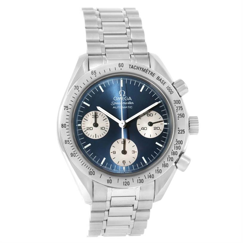 The image shows a front view of the Omega Speedmaster 3510.82.00 Men
s Stainless Steel Blue Dial 3510.82.00 Men
s Stainless Steel Blue Dial watch displaying its dial, bezel, and metal bracelet.