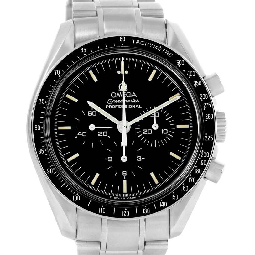 The image shows a front view of the Omega Speedmaster 3572.50.00 Men
s Stainless Steel Black Dial 3572.50.00 Men
s Stainless Steel Black Dial Professional watch, displaying its dial, bezel, and stainless steel bracelet.