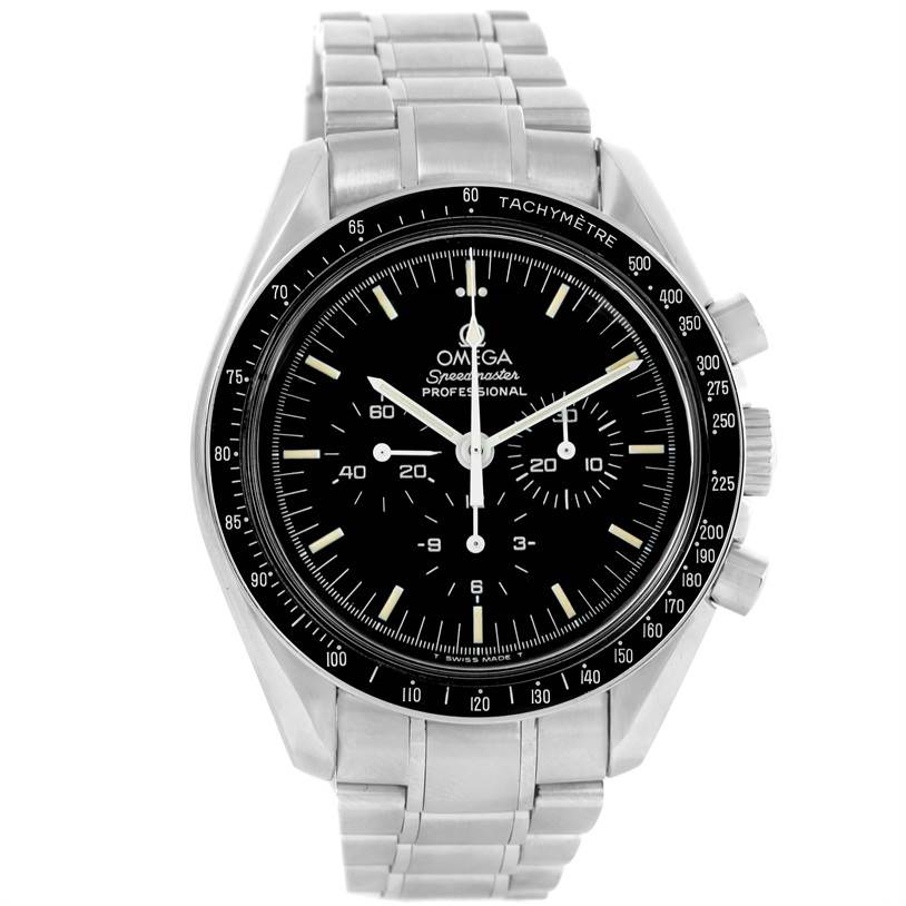 The image shows a frontal view of an Omega Speedmaster 3572.50.00 Men
s Stainless Steel Black Dial 3572.50.00 Men
s Stainless Steel Black Dial watch, highlighting its dial, case, and stainless steel bracelet.