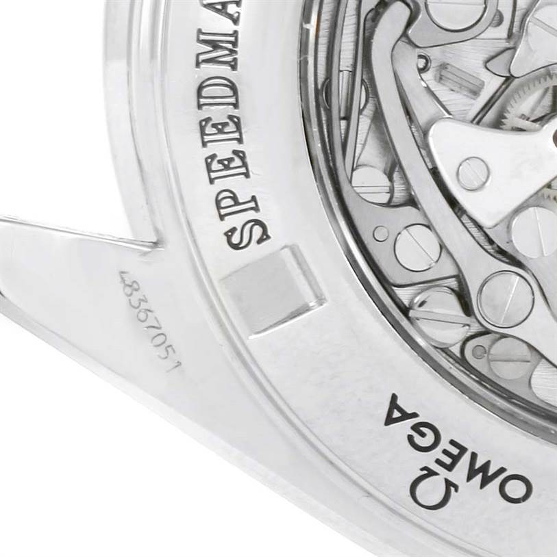 The image shows the case back of an Omega Speedmaster 3572.50.00 Men
s Stainless Steel Black Dial 3572.50.00 Men
s Stainless Steel Black Dial watch, highlighting the mechanical movement and engraved branding.