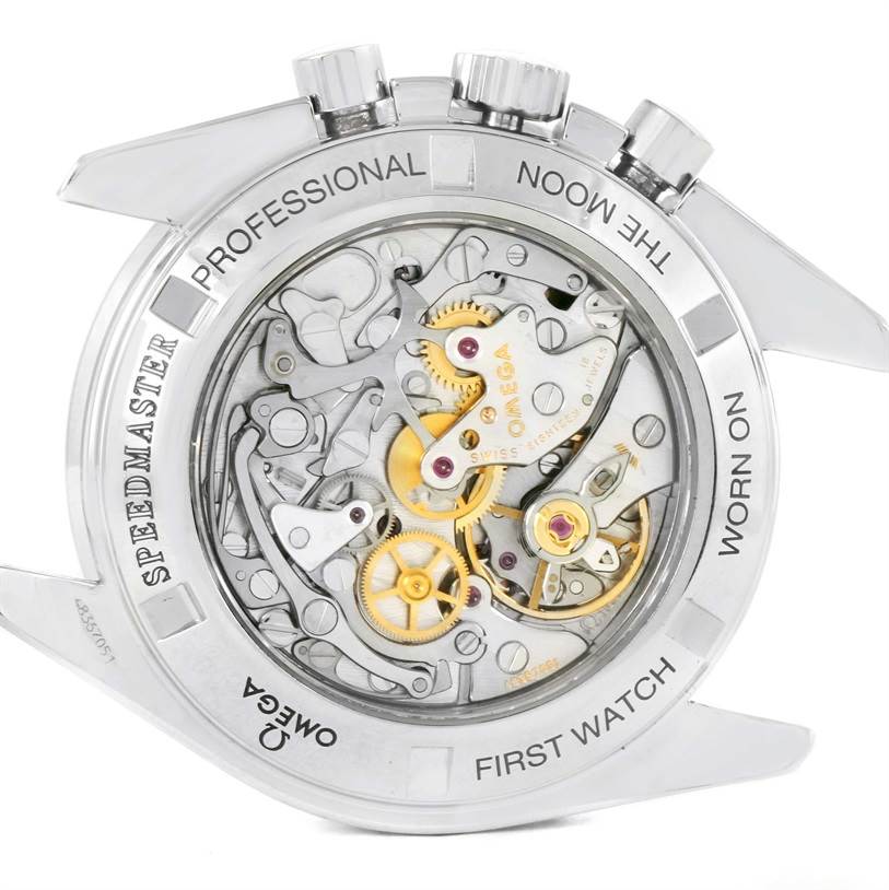 The image shows the back view of the Omega Speedmaster 3572.50.00 Men
s Stainless Steel Black Dial 3572.50.00 Men
s Stainless Steel Black Dial, revealing its intricate internal movement and mechanisms.